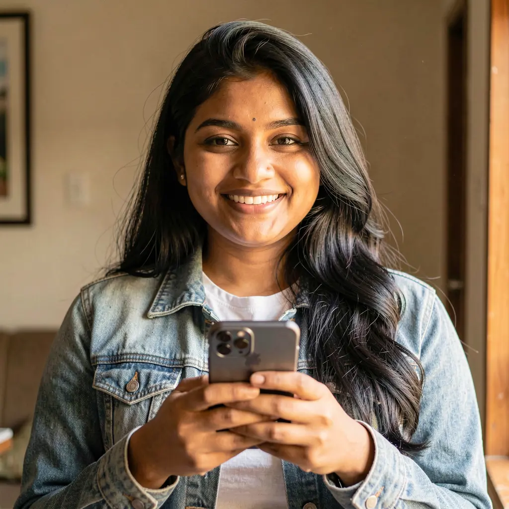 Happy Bangladeshi woman smiling while using the F2222 casino app on her smartphone in a cozy indoor setting