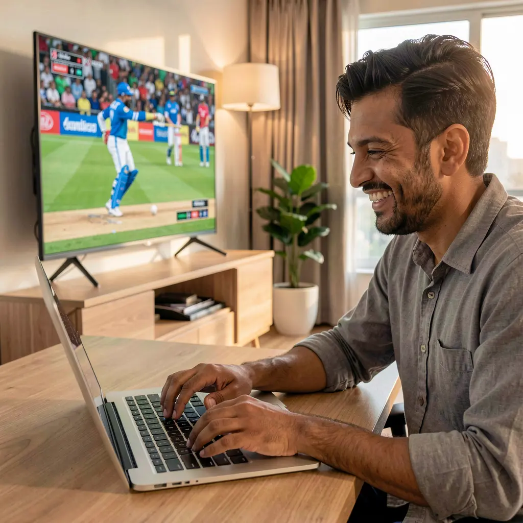 Happy Bangladeshi sports bettor placing online bets on a laptop at home while watching a live cricket match and using the F2222 platform