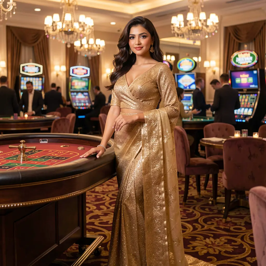 Confident casino dealer standing by a roulette table in a luxurious gaming hall representing the high quality live casino experience at F2222 for players in Bangladesh