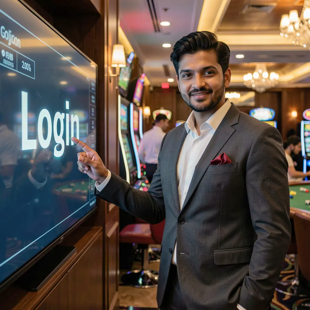 Stylish Bangladeshi casino host pointing at a digital login screen with the F2222 logo in a modern gaming environment